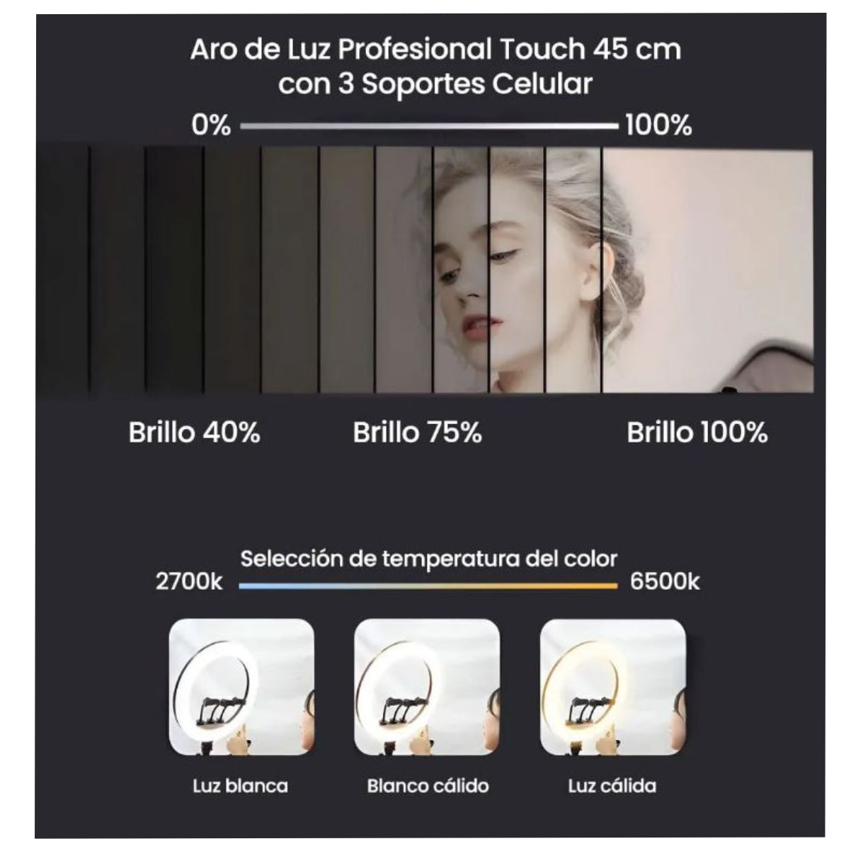 Aro de Luz 45CM 3 Tonos + Trípode 2M